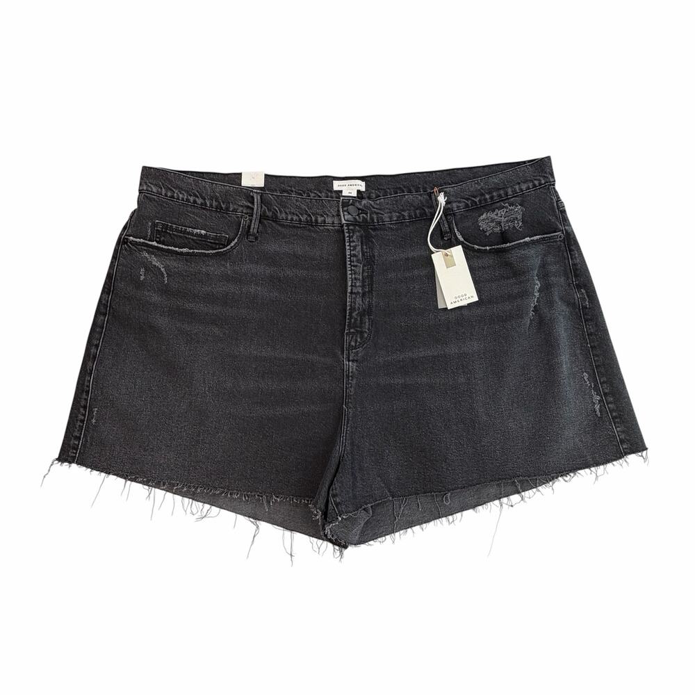 Good American NEW Good '90s Black PLUS High Rise Cut Off Denim Jean Shorts